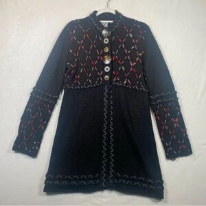 Z Women's Longline Cardigan Sweater Black W/Embroidery & Statement Buttons